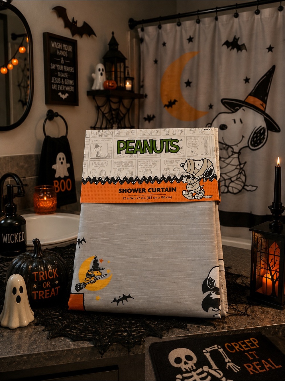 Peanuts Halloween shower curtain with Snoopy and Woodstock